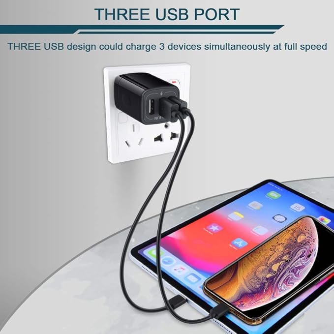 Wall Charger Plug, USB Charger Cube, AILKIN 3.1A 3-Muti Port USB Adapter Power Plug Charging Station Box Black Base for iPhone 17 16 15 14 13 12 11 Pro Max/SE, Samsung Galaxy Phones Charge Block
