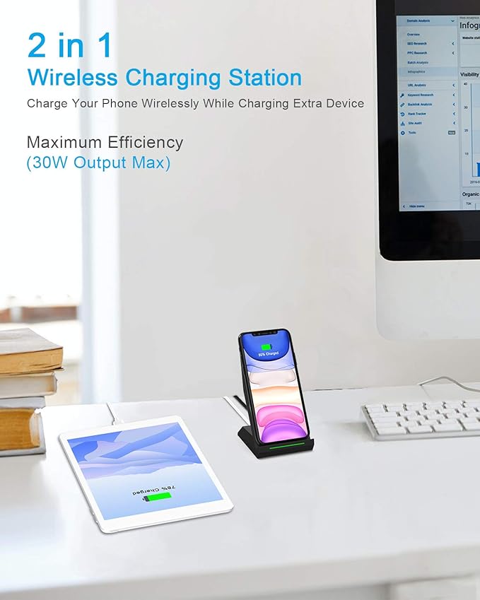 Fast Wireless Charging Stand, Equipped with PD 30W Adapter, High Speed Universal Charger with Extra USB-A Port Compatible with iPhone 17/16/15/14/13/12/11, for Samsung Galaxy S26/S25/S24/S23/S22