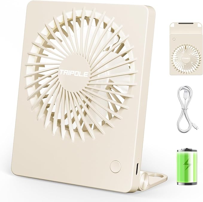 TriPole Mini Portable Desk Fan Rechargeable Ultra Quiet Small Fan 4.5 Inch Personal Travel Fan with 180° Tilt Folding and 3 Speeds Adjustable for Office Desktop Bedroom (Beige)