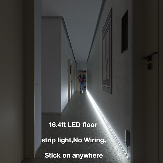 WOBANE Dual Motion Sensor Light Strip, Rechargeable 16.4ft LED Lighting, 150 LEDs Tape Lights for Stairs,Under Cabinet,Closet,Shelves,Gun Safe Light, Hallway,Cuttable,Flexible,6000K White,Black