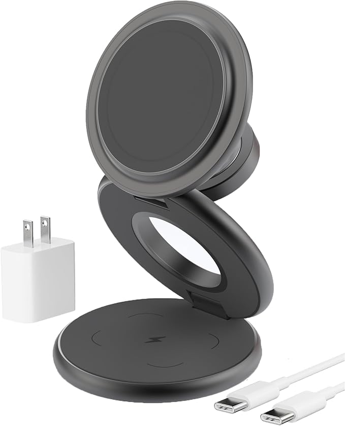 KU XIU X63 3 in 1 Charging Station for Apple, Aluminum Alloy Foldable Magnetic Wireless Charger, Travel Charger for iPhone 17/16/15/14/13/12 Series, Apple Watch & AirPods (with 20W Adapter)-Gray