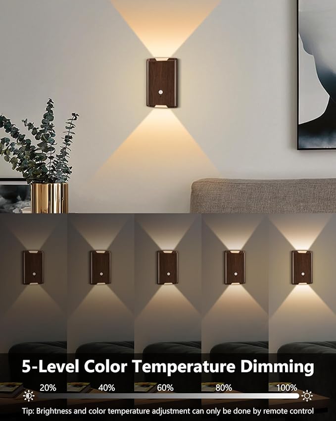 4 Pack Rechargeable Motion Sensor Wall Sconce – 5000mAh Wireless Battery Operated Wall Light Indoor, 3 Colors Up/Down Lighting Magnetic Night Light with Remote Control for Bedroom, Hallway (Walnut)