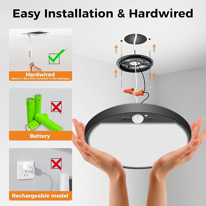 slochi 4Pack Motion Sensor Light Indoor Wired, 8.7 Inch 3000K/4000K/6500K Closet Lights Motion Sensored, 18W 1800LM Flush Mount Ceiling Light for Hallway Pantry Stairwell Porch, Black