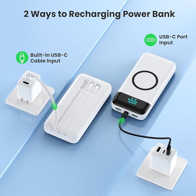 YHO Wireless Portable Charger 40800mAh for iPhone with Built-in Cables, 15W Wireless Charging USB C Power Bank,25W PD Fast Charging Travel Essential Battery Pack for iPhone 17/16/15,Android-White