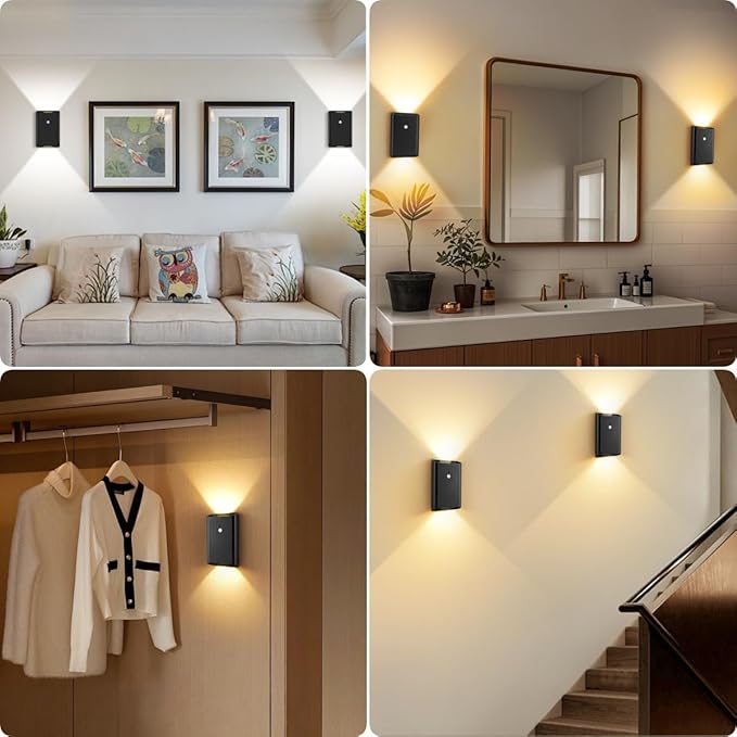 4 Pack Rechargeable Motion Sensor Wall Light: Wireless Battery Powered Wall Sconce with Remote, 3CCT Magnetic Motion Sensor Stair Light LED Indoor Up Down Wall Lamp for Bedroom Hallway Closet, Black