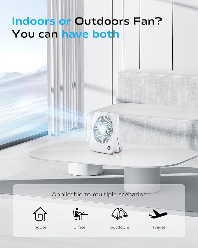 Otlonpe Portable Desk Fan 6.5 Inch, 4000mAh Rechargeable Battery Operated & USB Powered, 23Hrs Cordless Small Personal Fan 4-Speed Quiet for Office Travel Home Sleeping, Led Display, Foldable (White)