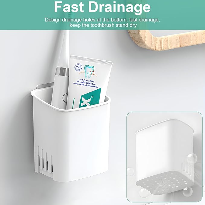 2 Pcs Toothbrush Holder Wall Mounted, No Drilling Toothbrush Holders for Bathroom, Shower Electric Toothbrush and Toothpaste Razor Holder Removable Self Draining for Bathroom Kitchen (White)