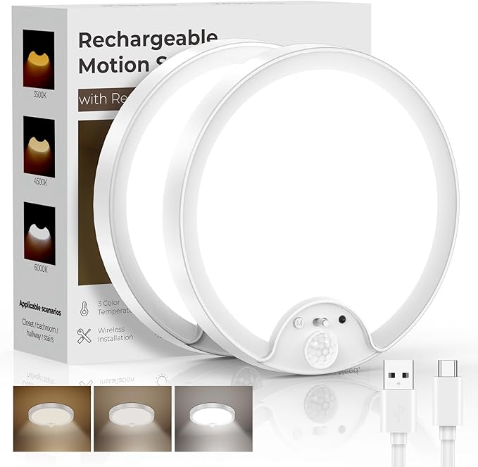 Fizrice Motion Sensor Flush Mount Ceiling Light 2 Pack, 8000mAh 500LM Battery Operated Wireless LED Fixture with Remote Control & Stepless Dimming for Closet Shower Stairs Shed Hallway