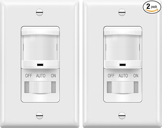 TOPGREENER In-Wall PIR Motion Sensor Light Switch, Single Pole Occupancy Sensor Switch, Motion Sensor Switch, Need Neutral Wire, Wall Plate Included, On/Off Override, 4A, 500W, TSOS5-W, White, 2 Pack