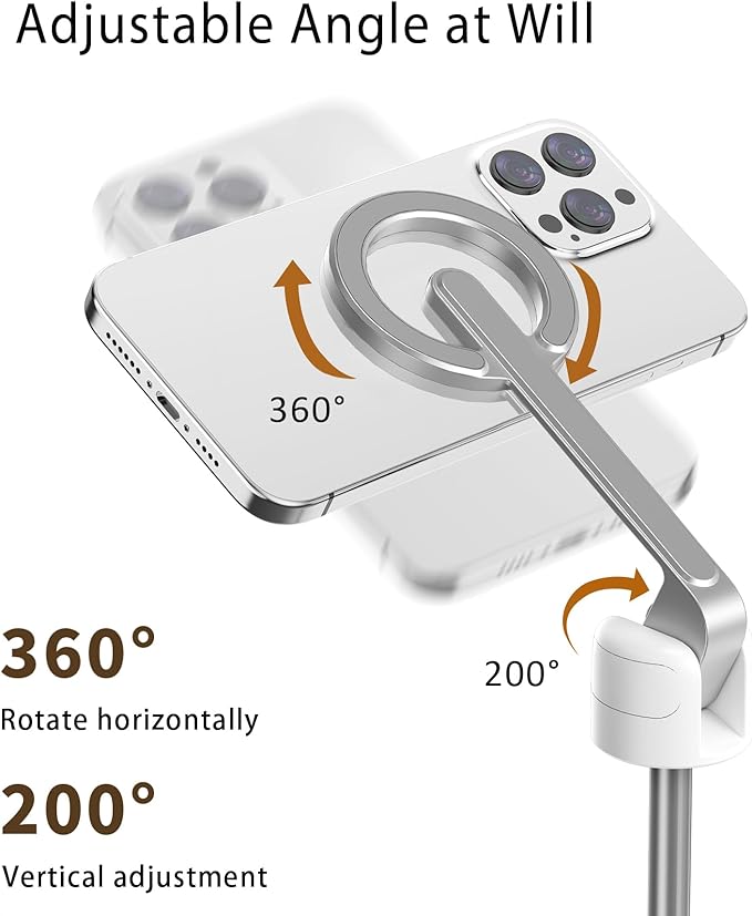 TONEOF 68" Magnetic Selfie Stick Tripod with Aluminum Strong Magnetic Holder for Magsafe, 360° Rotatable Travel Phone Tripod Stand with Metal Ring & Rechargeable Remote for iPhone/Android（White）