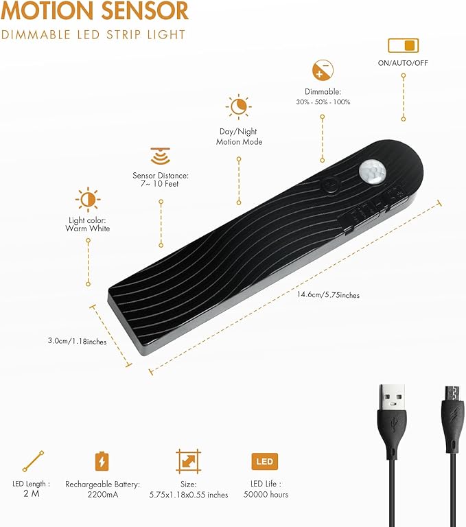 Sensky Motion Activated Strip Lights Rechargeable Motion Sensor LED Strip Light Dimmable Strip Lighting for Wardrobe, Cabinet, Pantry, Closet (2M Black, Cool White)