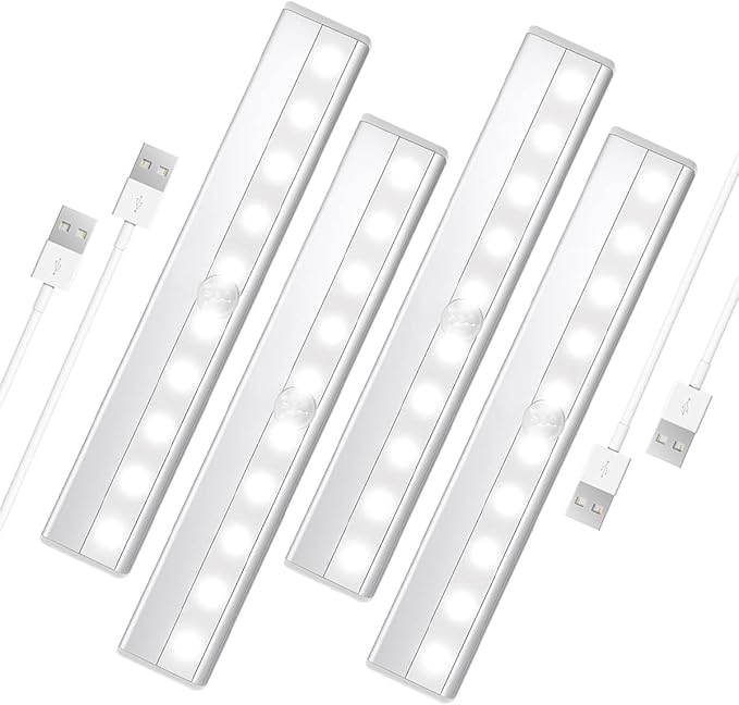 4 Pack Motion Sensor Closet Lights, 10 LED Stick-on Anywhere Magnetic Portable Wireless LED Under Cabinet Lights, Rechargeable Battery Night Light Bar for Closet Kitchen Hallway Stair(Daylight White)