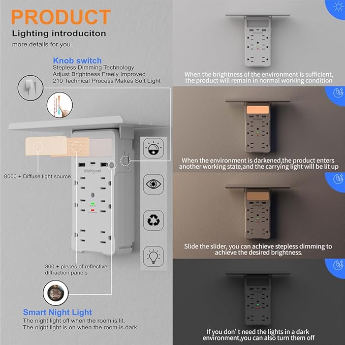 Wall Outlet Extender with Shelf and Night Light, Surge Protector with 3 USB Ports (2A+1C) and 6 AC Outlets, Multi Plug Power Strip Electric Outlet Splitter for Home and Office Use, White