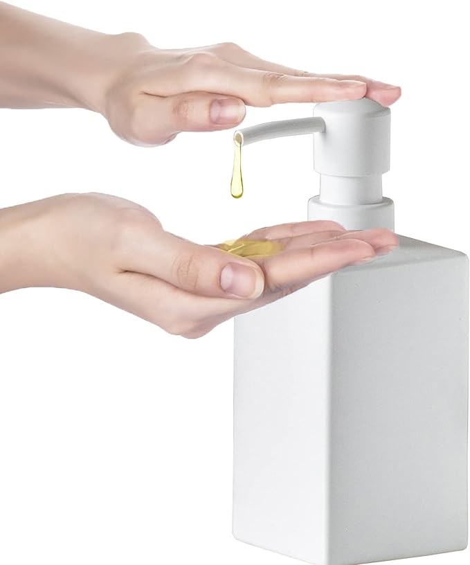 Square Matte White Soap Dispenser Ceramic Hand Soap and Lotion Dispenser for Bathroom Countertop,Dish Soap Dispenser for Kitchen-14oz.