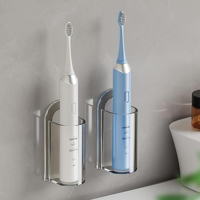 MOPMS Electric Toothbrush Holders, Wall Mounted Tooth Brushing Holder for Bathroom, Self Adhesive Electric Toothbrush Organizer Space Saver (2Pcs Clear)