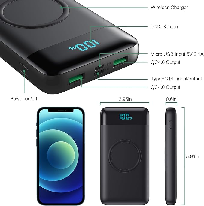 Wireless Portable Charger 30800mAh,15W Wireless Charging USB C Power Bank,25W PD QC 4.0 Fast Charging 4 Outputs Travel Essentials Battery Pack Compatible with iPhone 17/16/15/14/13/12,Galaxy,Android