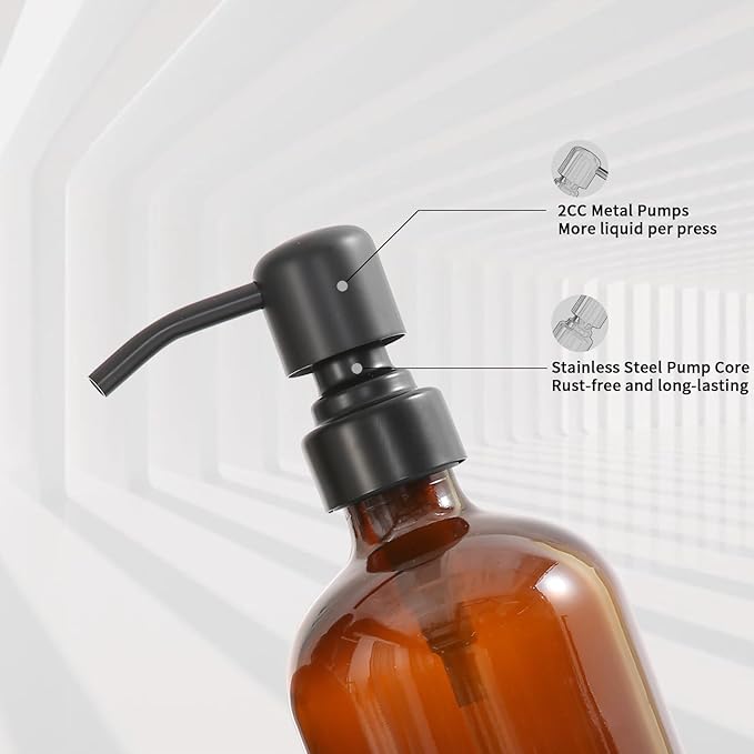 Prus Waso Amber Glass Soap Dispenser Set, Hand Soap and Lotion Set with Black Stainless Steel Pump, Perfect for Modern Bathroom Decor. (Amber)