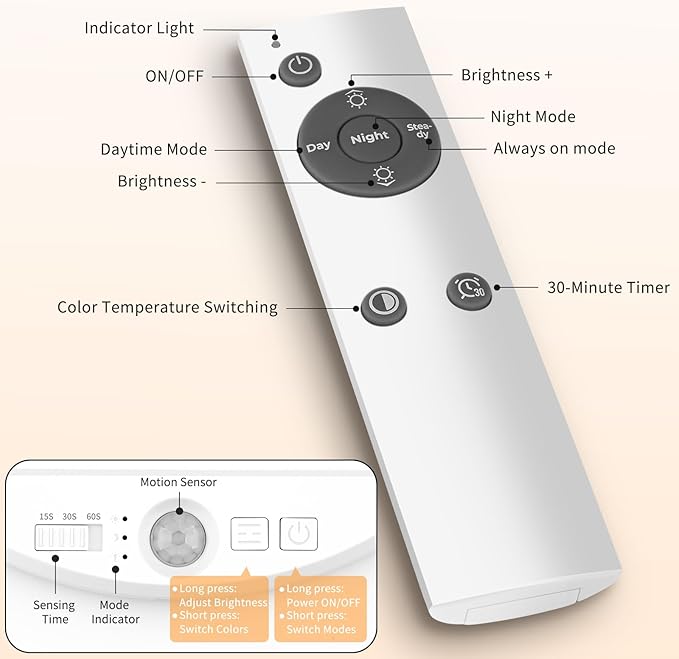 Meliya Rechargeable Motion Sensor Ceiling Light with Remote, 3000K 4000K 6500K Magnetic No Wiring LED Ceiling Light Battery Powered for Shower Stairs Hallway Porch Pantry Garage Patio Shed