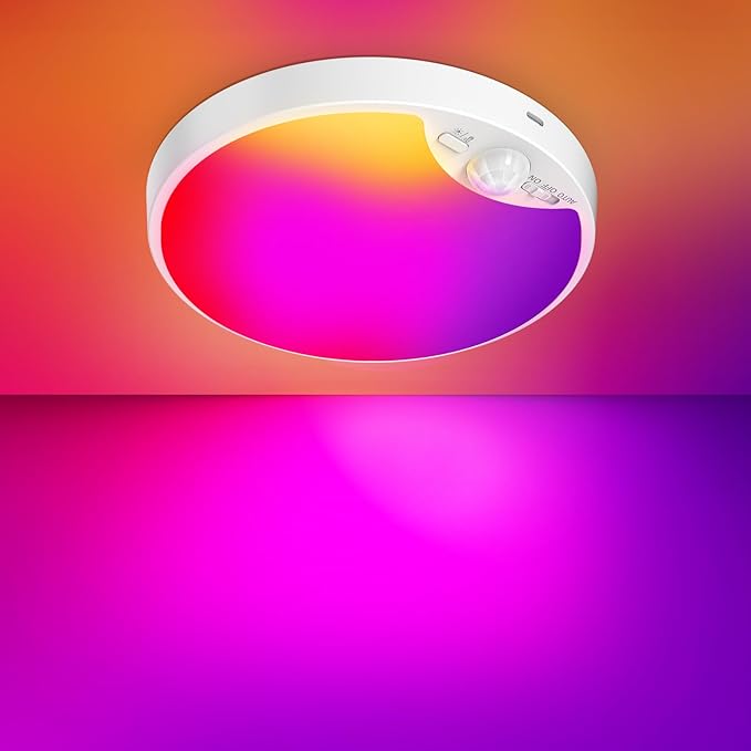 10000mAh RGB Rechargeable Motion Sensor Ceiling Light with Remote, Battery Operated Closet Light No Wiring, Magnetic Wireless LED Ceiling Lights,3 Color Indoor Overhead Lamp for Shower Pantry Hallway