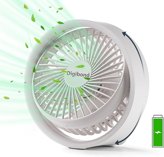 Digibond Small Desk Fan, Ultra Quite USB Fan Portable 3000mAh Rechargeable Battery Operate, High Power 3 Speed 5.3in With Ambient Light/Hook 180°Rotated Easy Clean (White)