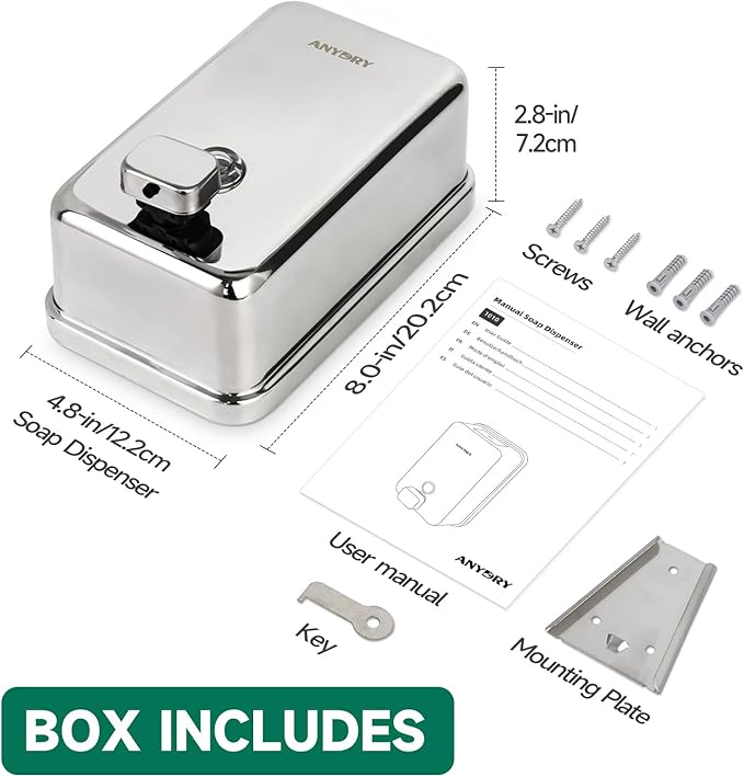 anydry Commercial Wall Mounted Soap Dispenser 37oz 1100ml Large Capacity Polished Stainless Steel Manual Dispenser for High Traffic Restrooms