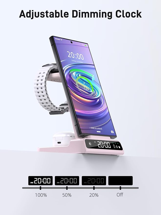Wireless Charger for Samsung Charging Station: 3 in 1 Android Charging Stand with Dimmable Clock - Nightstand Organizer for Galaxy S25 Ultra, Galaxy Watch 8 7 6 5 4, Galaxy Buds (Not for iWatch)