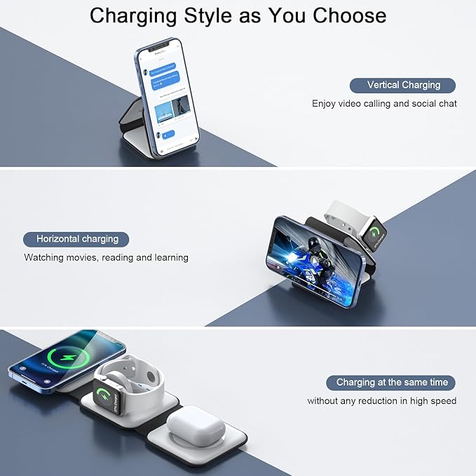 Wireless Charger 3 in 1,RTOPS Magnetic Traval Wireless Charging Station Multiple Devices,GaN 3 in 1 Charging Station,Compatible iphone17/16/15/14/13/Pro/Max,iWatch,AirPods4/3/2/Pro(Adapter Includes)