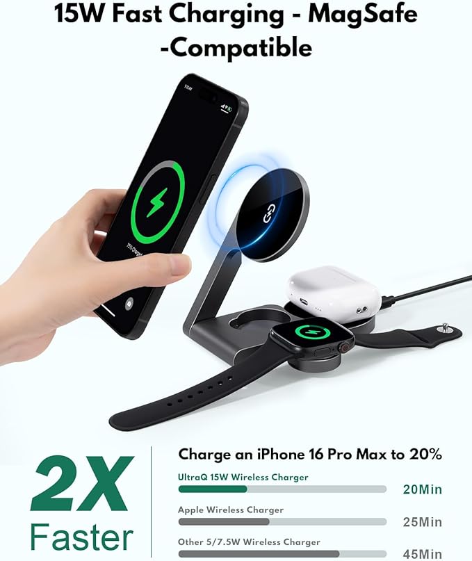 𝟐𝟎𝟐𝟔 3 in 1 Wireless Charging Station Mag-Safe Fast Charging Station for Apple MagSafe Charger, with USB C Charger, Foldable Charging Magnetic Wireless Charger Stand, Space Aluminum Travel Charger
