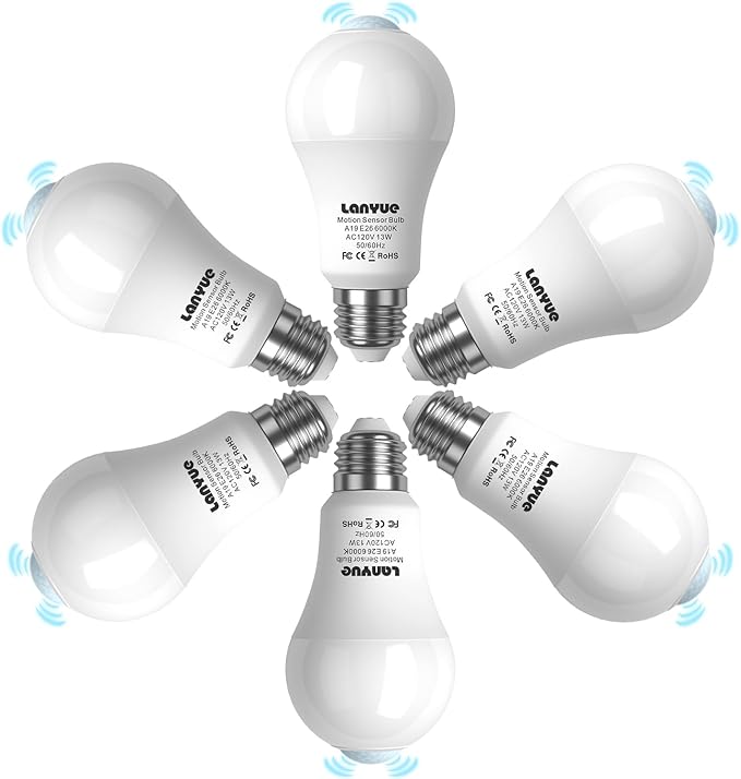 Motion Sensor Light Bulb,Activated Detector Light Bulb Indoor,Dusk to Dawn Security Bulb,13W Equivalent 100W,E26 Base 6000K Daylight,6 Packs