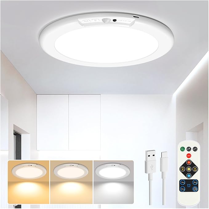 Rechargeable Motion Sensor Ceiling Light, Wireless Ceiling Lights Battery Operated Closet Light with Remote, 500LM 3000K/4500K/6500K, 0.55″ Ultra Thin Lights for Bathroom Hallway Pantry, 1 Pack