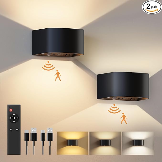 FULEN Motion Sensor Wall Light with Remote Control 3 Colors Wireless Wall Lamp LED Indoor Up and Down Wall Sconce 5000mAh Rechargeable Battery Powered Wall Lamps Brightness Adjustable, 2 Pack