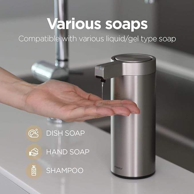 mooas Automatic Liquid Soap Dispenser Stainless Steel Touchless Hands Free Soap Dispenser 2 Levels Adjustable Waterproof Motion Sensor Electric Dish Soap Dispenser for Kitchen Bathroom (Rechargeable)