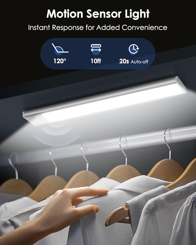 VerRon 10in Under Cabinet Lighting, Upgraded 2200mAh Rechargeable Under Cabinet Lights Wireless, LED Motion Sensor Light Indoor Closet Lights Under-Counter Light Fixtures for Kitchen, Hallway, 2-Pack