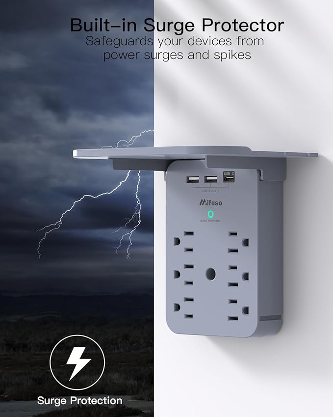 Wall Outlet Extender with Shelf, Surge Protector 6 AC Multi Plug Outlet, 3 USB Charger Station Splitter Expander for Bathroom Home, Grey