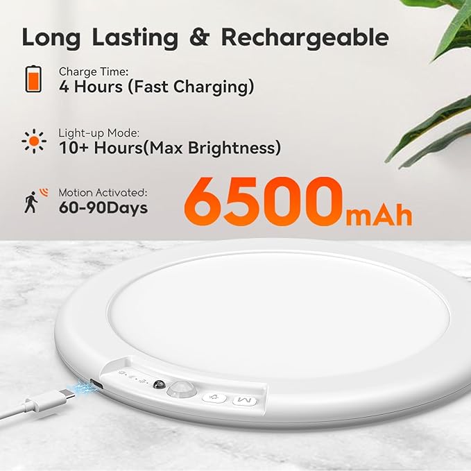 Rechargeable Motion Sensor Ceiling Light, Wireless Ceiling Lights Battery Operated Closet Light with Remote, 500LM 3000K/4500K/6500K, 0.55″ Ultra Thin Lights for Bathroom Hallway Pantry, 1 Pack