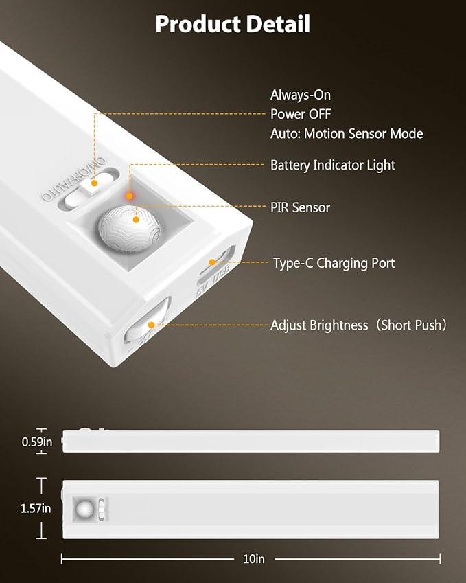 10inch Under Cabinet Lighting, 68 LED 3 Color Rechargeable Motion Sensor Light Indoor, 6 Levels Dimmable Magnetic Closet Lights, Wireless Under Counter Lights for Kitchen, Stairs, Bedroom, 4-Pack