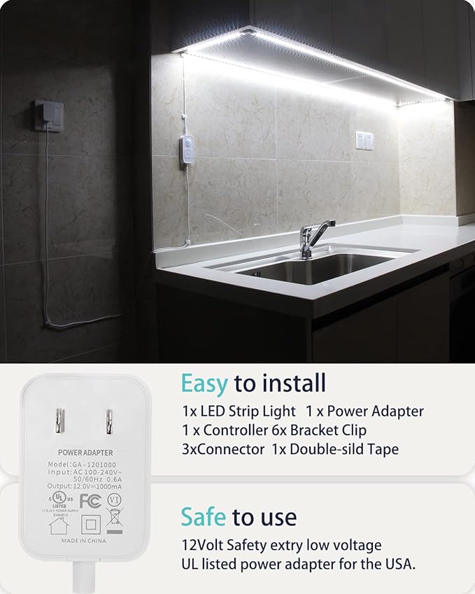 Motion Sensor Led Light Strip - with UL FCC Plug Adapter, Multi-Functional Controller, Dimmer, Timer, Under Cabinet Lights for Indoor Kitchen Stair Showcase Bedroom Corridor Counter 9.84ft Cold White