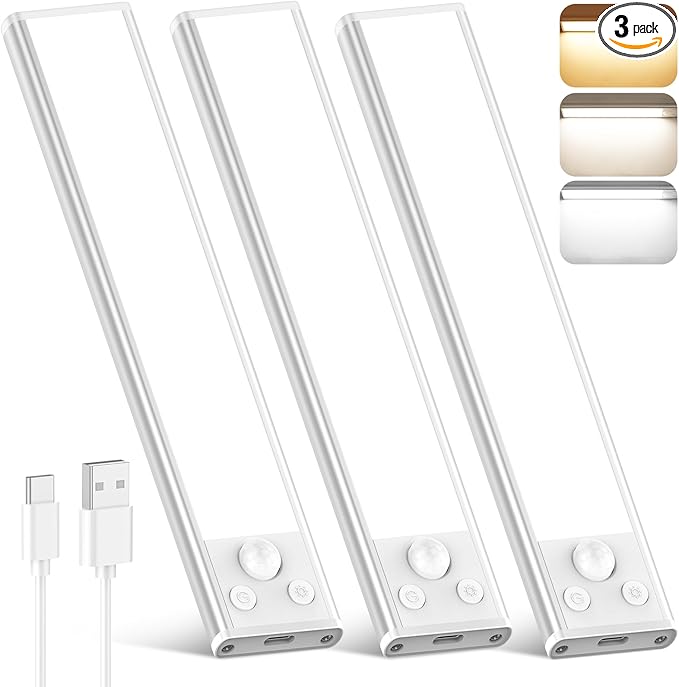 3-Pack Under Cabinet Lighting, 68LED 1800mAh Motion Sensor Lights Indoor, 3 Color Wireless Dimmable Rechargeable Battery Operated Closet Lights, Magnetic Under Counter Light Fixture for Kitchen Stair