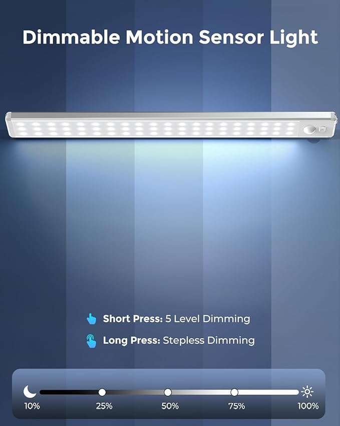 Under Cabinet Lighting - 14.7" Motion Sensor Light Indoor, Magnetic Wireless Closet Lights, Dimmable Led Night Light, Rechargeable Under Counter Lights for Kitchen, Bedroom, Stair, 2 Pack