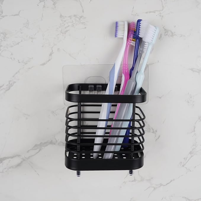 Wall Mount Toothbrush Holder for Bathroom, Stainless Steel Rustproof Toothbrush and Toothpaste Holder Organizer, Electric Toothbrush Holder Self Adhesive Wallmount/Countertop Organizer(Black Small)