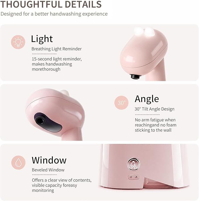 Automatic Soap Dispenser,Cute Dinosaur, Touchless, Rechargeable Foaming Soap Dispenser, 10oz/300ml, 3-Level Adjustable Foam, IPX5 Waterproof for Bathroom, Kitchen, Hotel,Restaurant, Pink