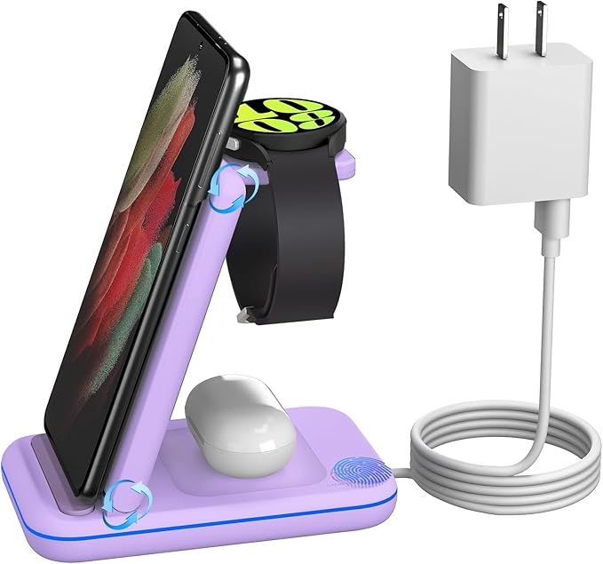 Multi Charger for Samsung, Foldable Charger ONLY for Galaxy Watch Ultra/7/6/5/4/3/Active 2, Travel 3 in 1 Fast Charging Station/Dock for Samsung S24/S23/S22/S21/S20/Note 20, for Buds 3/2 Pro(Violet)