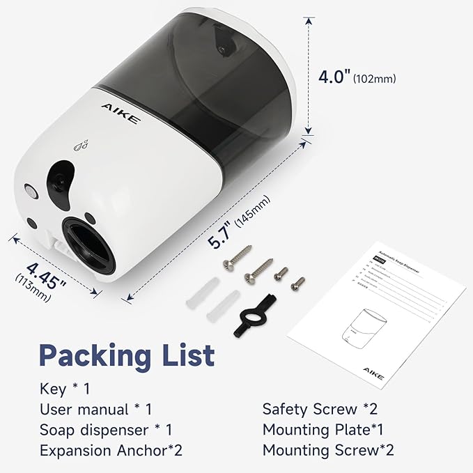 AIKE Liquid Automatic Wall Mount Soap Dispenser,Battery Operated Model AK1216,White