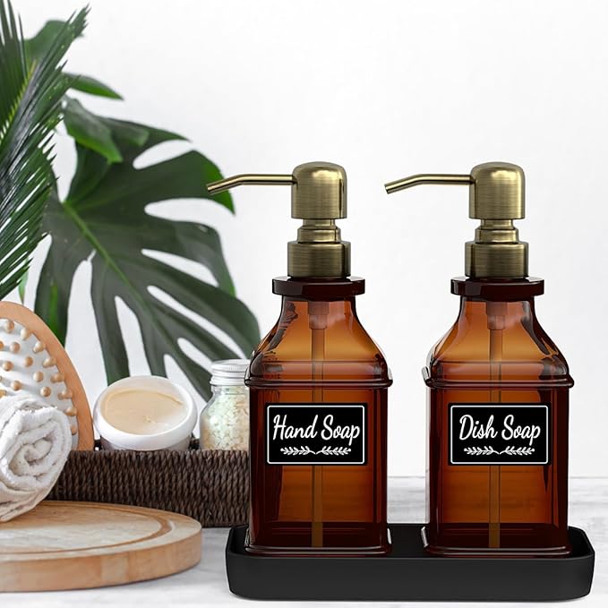 LMQML Soap Dispenser - 2 Pack, Antique Design Thick Amber Glass Hand Soap Dispensers with Sturdy Tray; 304 Rust Proof Stainless Steel Black Pump, 12Pcs Stickers, for Kitchen, Bathroom - Brushed Gold