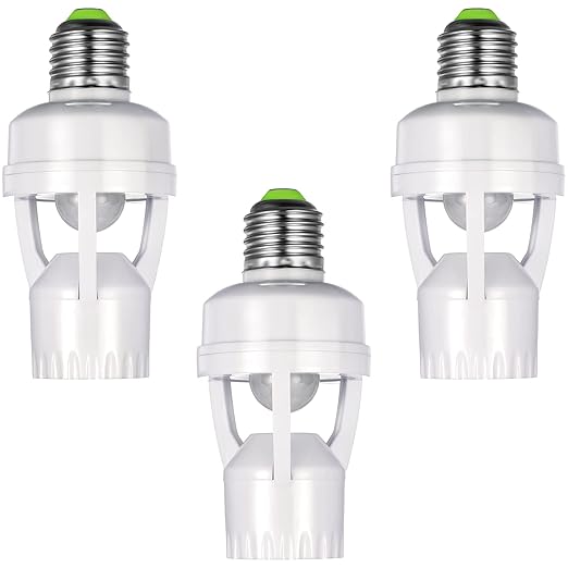 Hortsun 3 Pcs Motion Sensor Light Socket Smart Screw in Light Bulb Outlet Compatible with E26/e27 Motion Activated Bulb Holder Adapter Automatic Control for Porch Garage Storage Room (White)