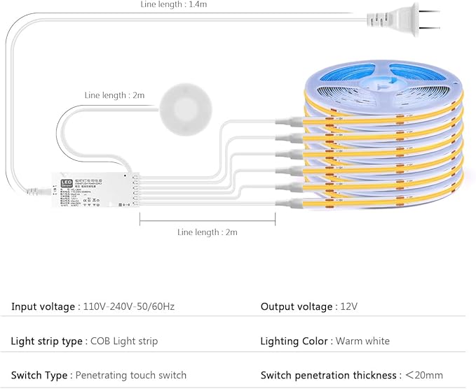 LED Under Cabinet Lighting Kit 6PCS 12V COB LED Strip Lights with 36W Adapter 1M/3.3FT Penetrable Wood Touch Dimmable Led Strip 3000k Flexible LED Cabinet Lights for indoor Kitchen ,Book Shelf, Closet