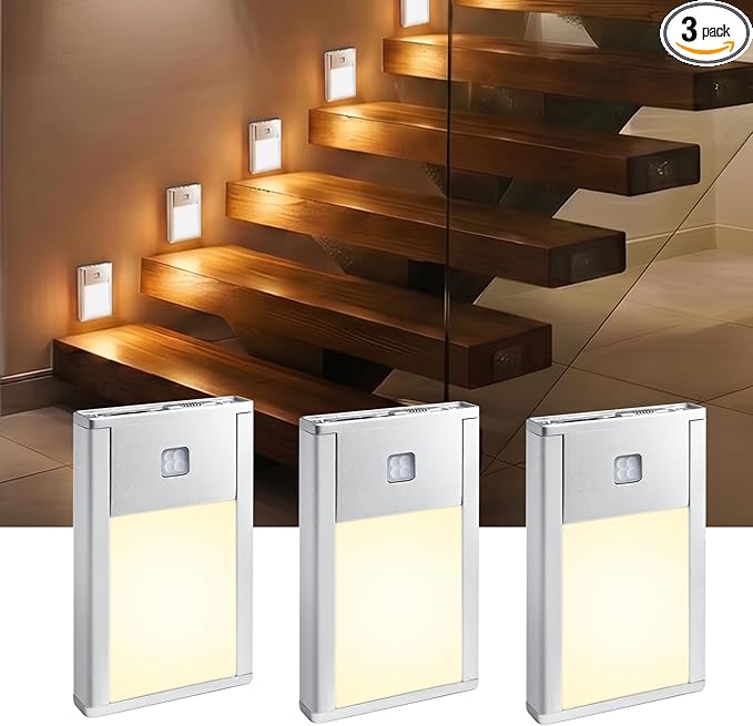 VST Motion Sensor Step Night Light, Rechargeable Battery Powered Stair Lights with Magnetic Suck Installation for Indoor Bedroom Hallway Nursery Kids Room (2.68 inch 3000K 3Pack Silver)