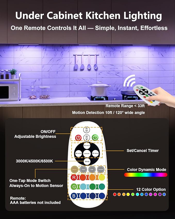 SZOKLED 58-LED Under Cabinet Lighting Wireless, RGB Motion Sensor Night Lights, Magnetic Under Cabinet Lights for Kitchen, Shelf, Stair, 15 Color (4 Pcs)