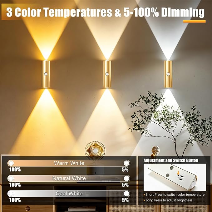 2 Pack Motion Sensor Wall Light, Rechargeable Wall Sconces Battery Operated with 3 Colors & Dimmable, Magnetic Wireless Wall Sconces for Stair Bedroom Hallway Bathroom (Gold)