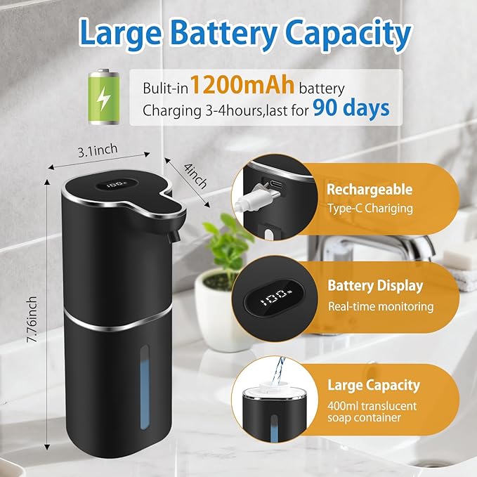 Automatic Foaming Soap Dispenser with Digital Display, 6-Level Foam Adjustable, Rechargeable, 12.8oz/ 380ml Wall Mounted Touchless Hands Free Auto Dispenser for Kitchen, Bathroom, Hotel, Restaurant